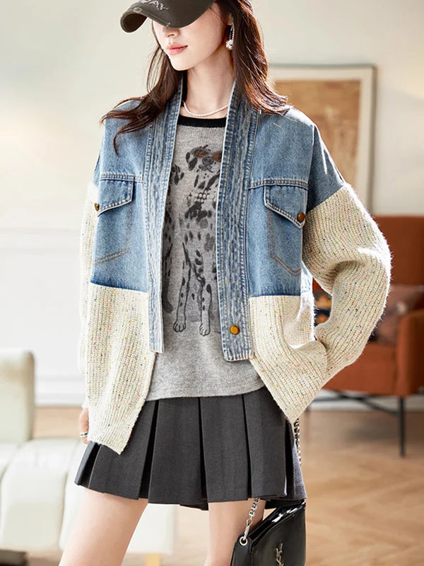 Oversized V-Neck Knit Relaxed Denim Jacket