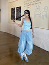 Sleek Striped Heart Stitchwork Utility Denim Shorts