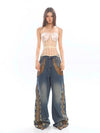 Classic Mosaic Leather Studded Faded Denim