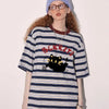 Women Revival Hip Hop Chic Black Nine-Lives Print Horizontal-Lines T-Shirt