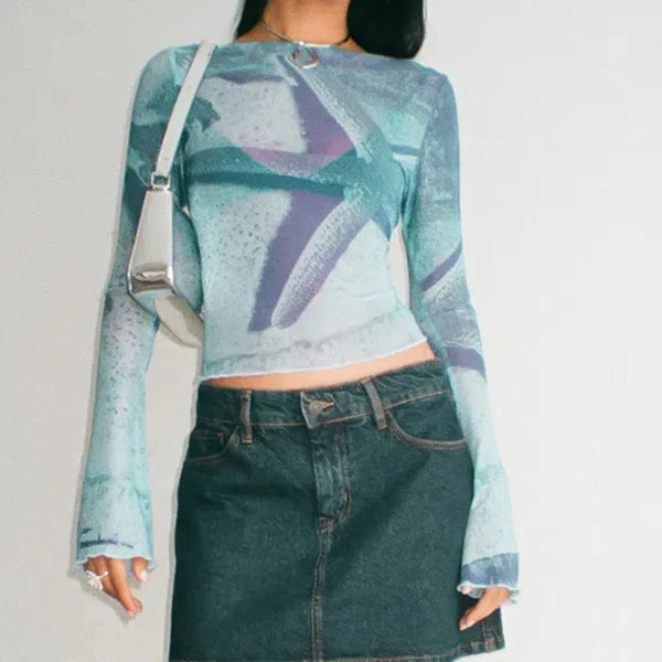 Women Blue Flare Sleeve Cropped T-Shirt