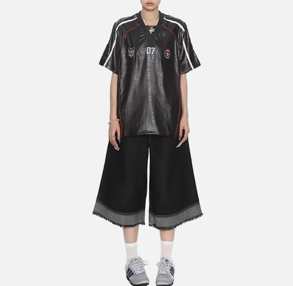 Stars-Spangled Heat-Wave Short-Sleeved Leather T-Shirt alternatif görünüm