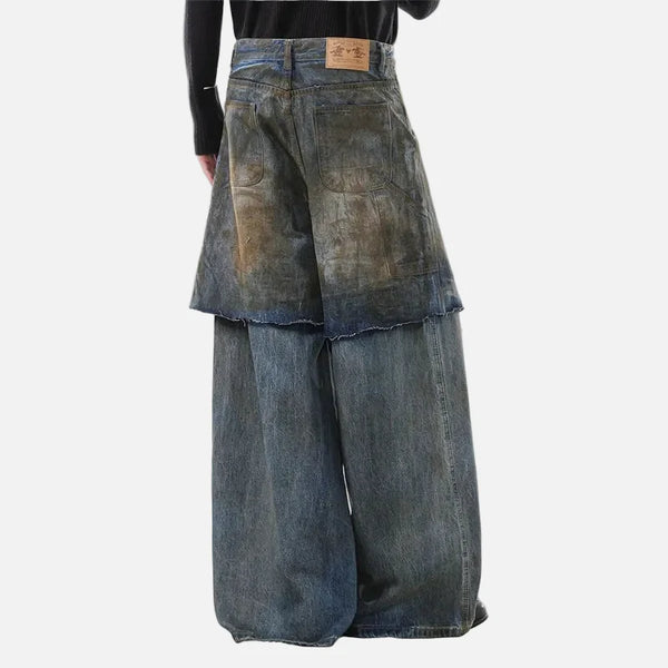 Durable Torn Fake Two Piece Bell Leg Denim alternatif görünüm