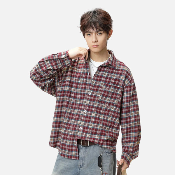 Color Splice Plaid Retro Long Shirt alternatif görünüm