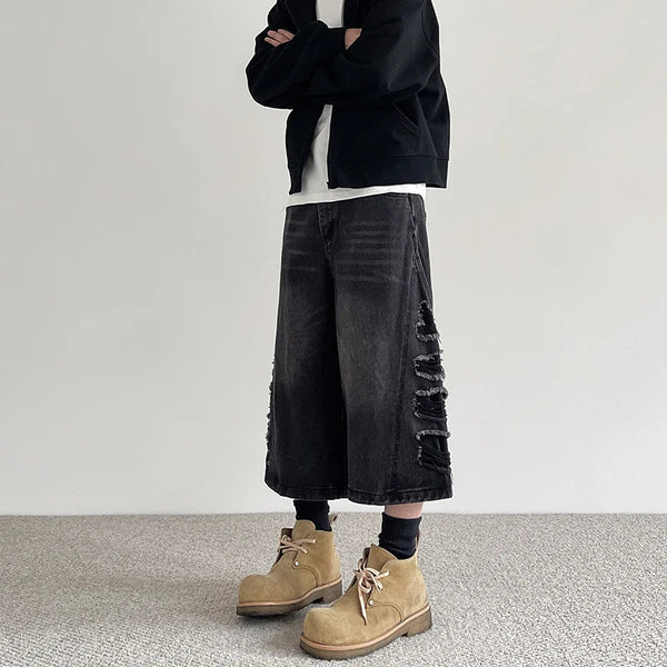 Heritage Aesthetic Black Torn Relaxed Denim Shorts