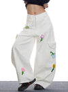 2000s Versatile 2000s Style Red Botanical Utility Denim
