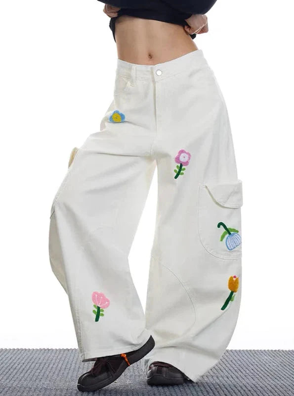 2000s Versatile 2000s Style Red Botanical Utility Denim