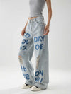 Western Style Oversized Torn Printed Blue Denim
