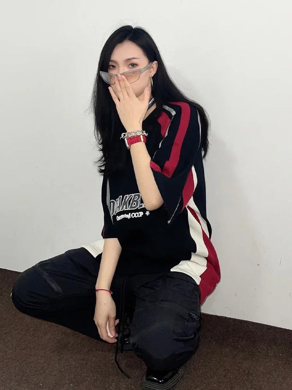 Time-Worn Big-Silhouette Print Spliced T-Shirt alternatif görünüm