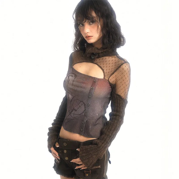 Aged Dirty-Art Irregular Fragment Knitted T-Shirt