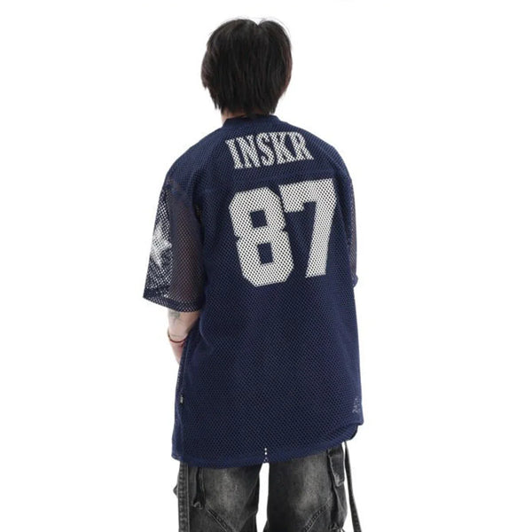 Nostalgia Stars-Spangled Style Mesh Hollow Letter T-Shirt alternatif görünüm