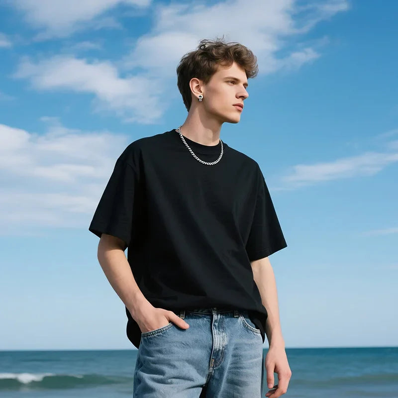 Minimalist Cotton Shoulder Drop Black T-Shirt