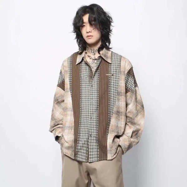 Colorblock Plaid Well-Cut Mens Long Top