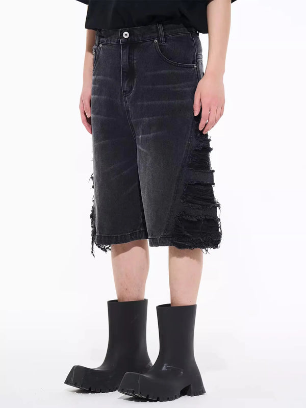 Side-Torn Rinse Denim Shorts