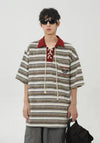 Time-Worn Multi-Stripe Spliced Lace-Up Collar-Knit T-Shirt