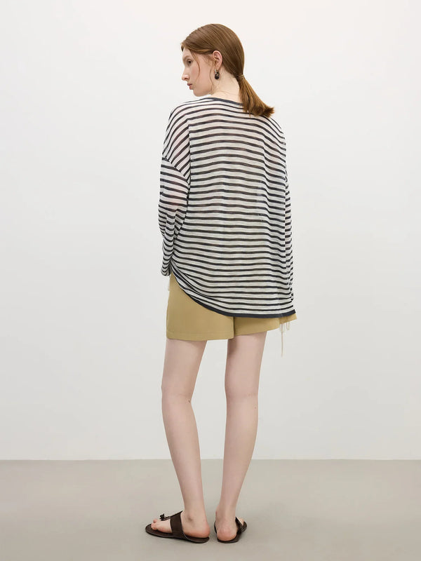 Elegant Line-Pattern French Holiday Long-Sleeved T-Shirt alternatif görünüm