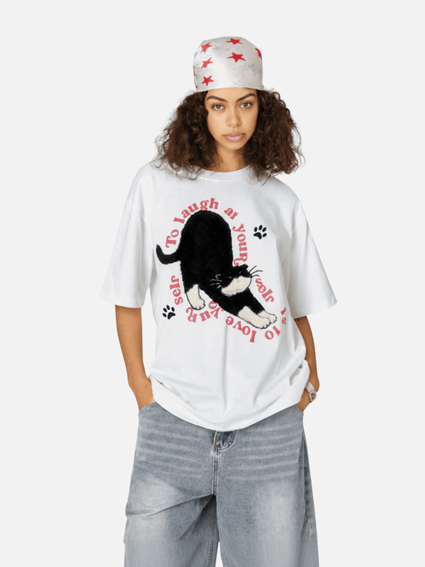 Aplike Kedi Tişört, önden görünüm — Navra Wear