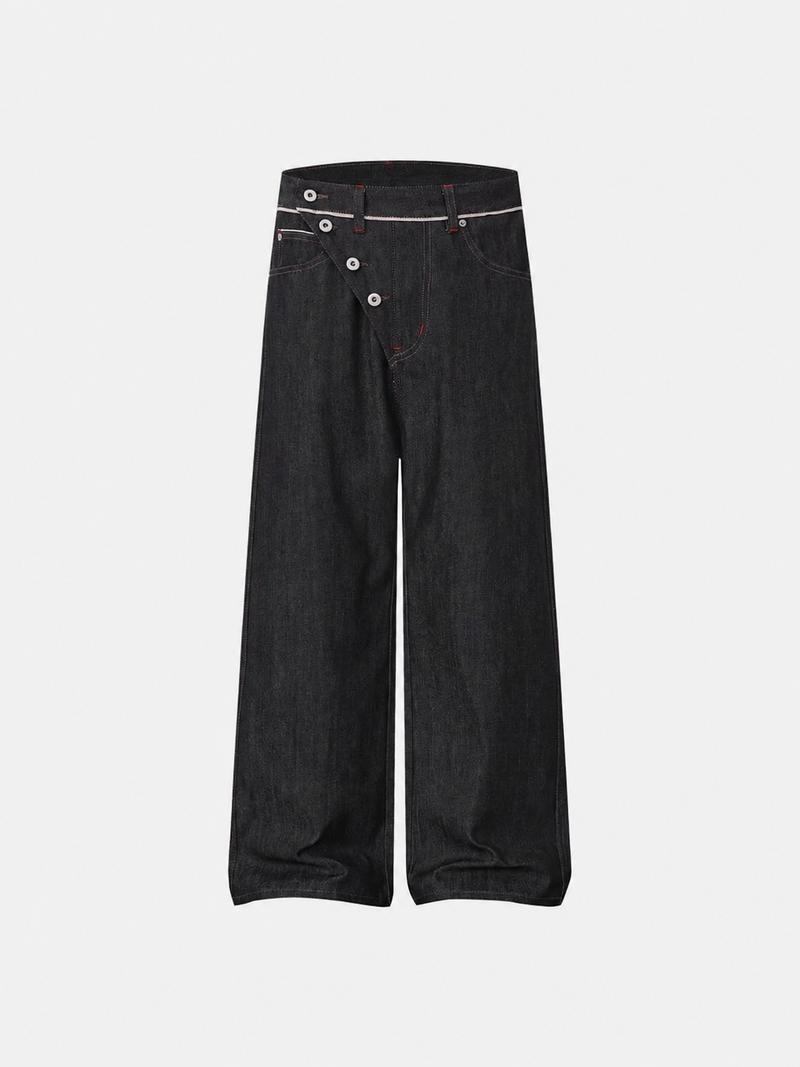 Asimetrik Düğmeli Jean Pantolon, arka görünüm — Navra Wear