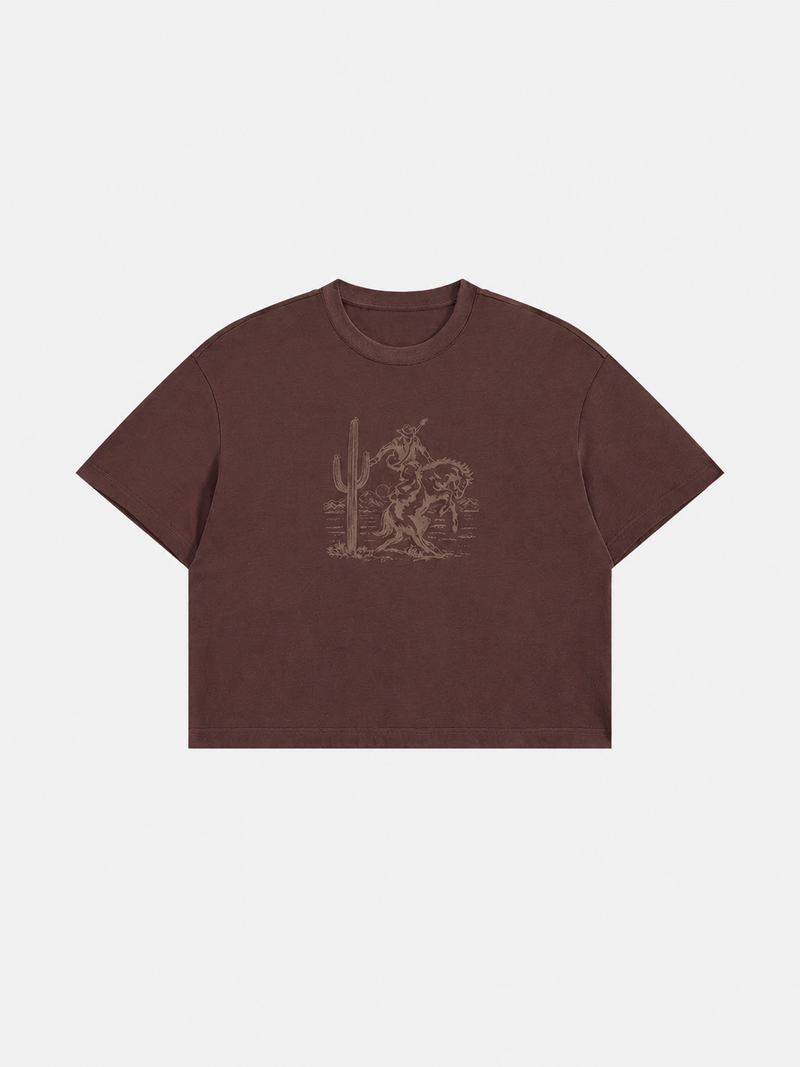 Boxy Kovboy Baskılı Tişört, arka görünüm — Navra Wear