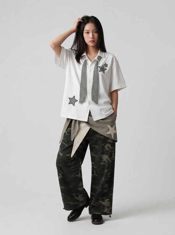 Celestial Bar-Print Relaxed Collar Shirt alternatif görünüm