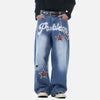 DAXUEN Baggy vintage distressed denim jeans with embroidered text and plaid patches