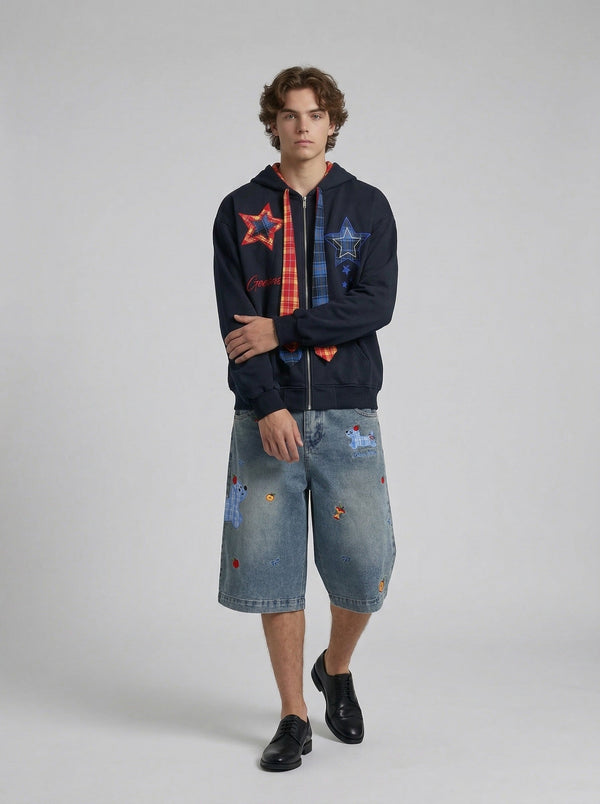 Cartoon Stitched Wide Leg Denim Shorts alternatif görünüm