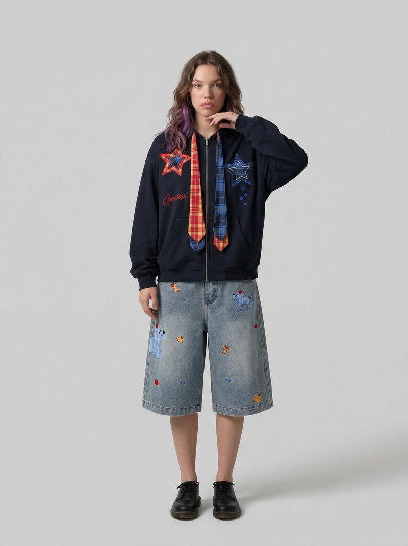 Cartoon Stitched Wide Leg Denim Shorts