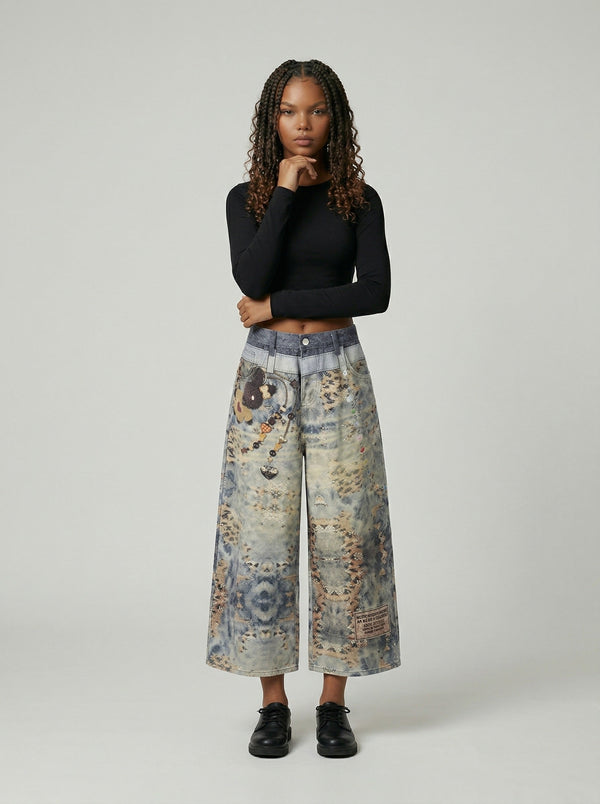 Digital Print Cropped Wide-Leg