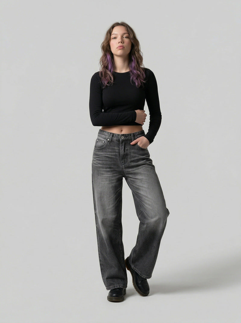 Faded High-Waisted Bell-Leg Denim