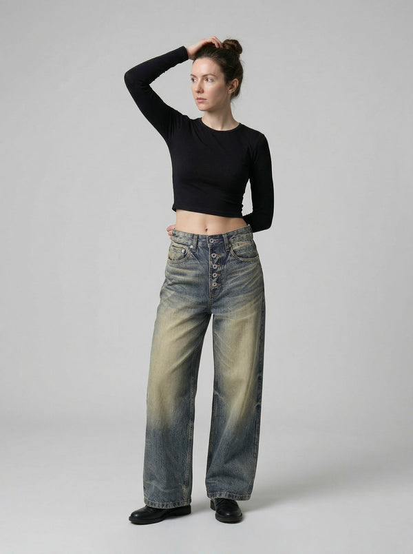 Faded Bell-Leg High-Waisted Denim
