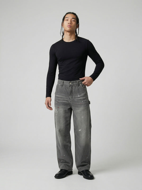 Faded Charcoal Paint-Splatter Bell-Leg Denim alternatif görünüm