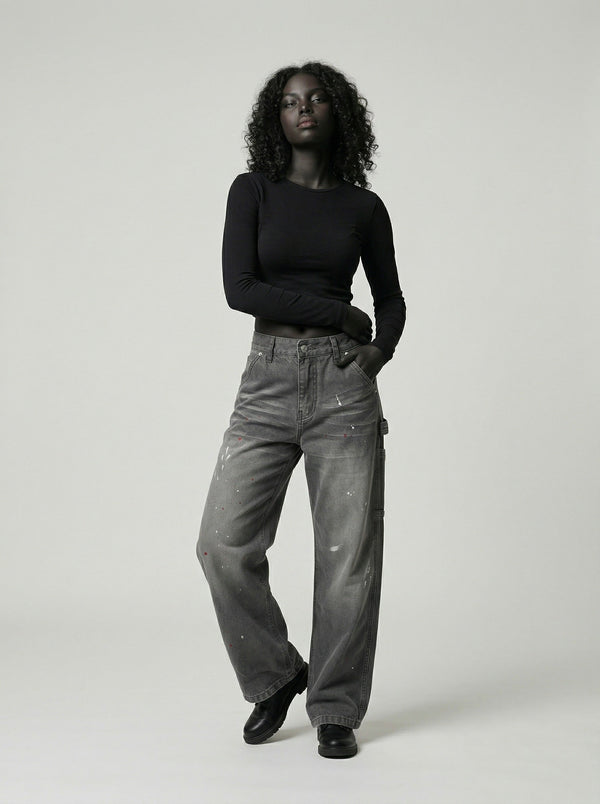 Faded Charcoal Paint-Splatter Bell-Leg Denim