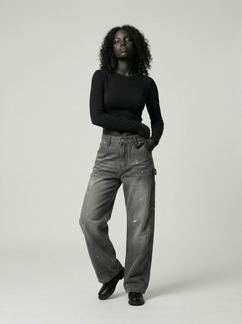 Faded Charcoal Paint-Splatter Bell-Leg Denim