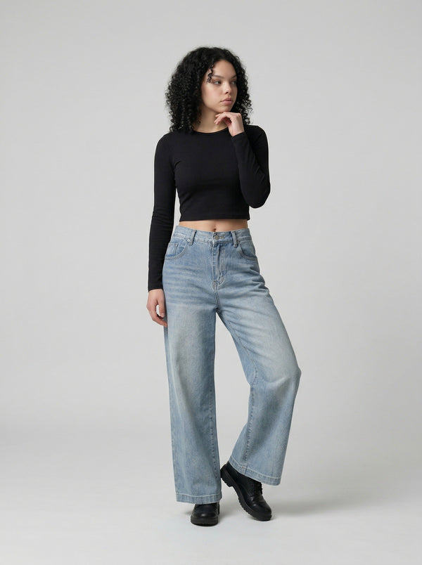 Faded Light Blue Bell-Leg Denim alternatif görünüm