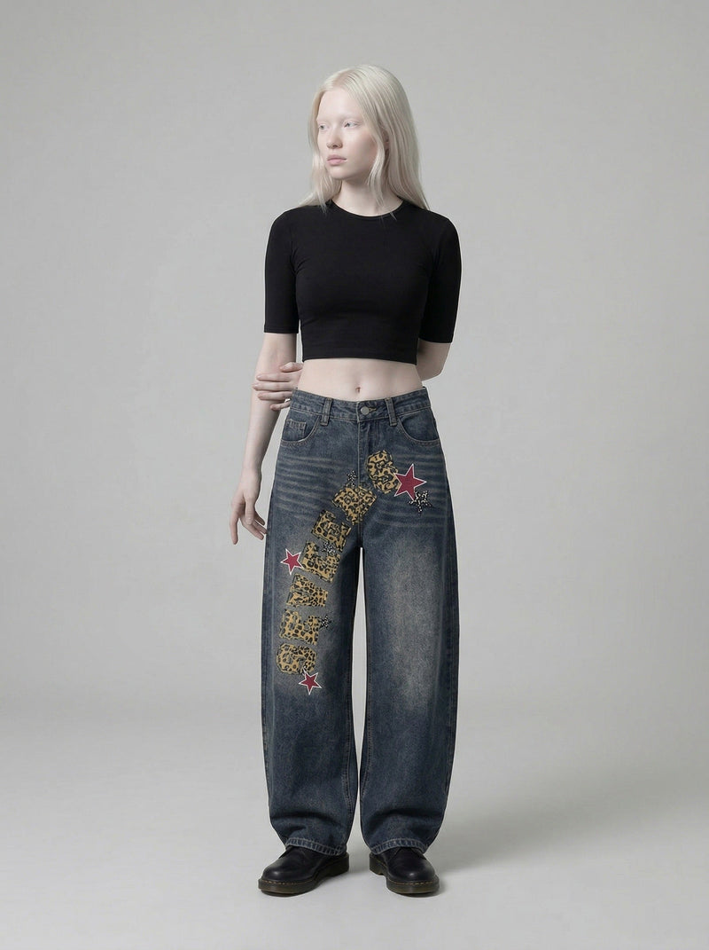 Wild Print Bell-Leg Denim