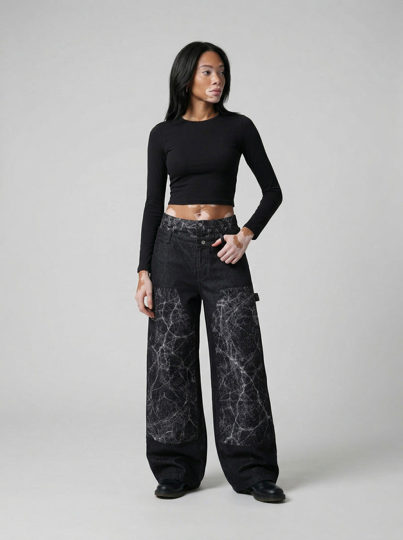Marbled Bell-Leg Denim Trousers