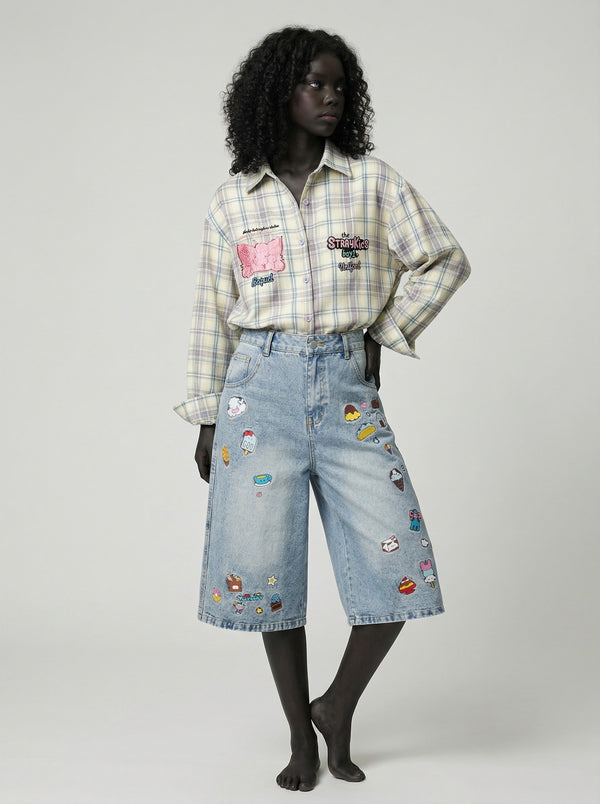 Stitch Pop Denim Culotte Shorts alternatif görünüm