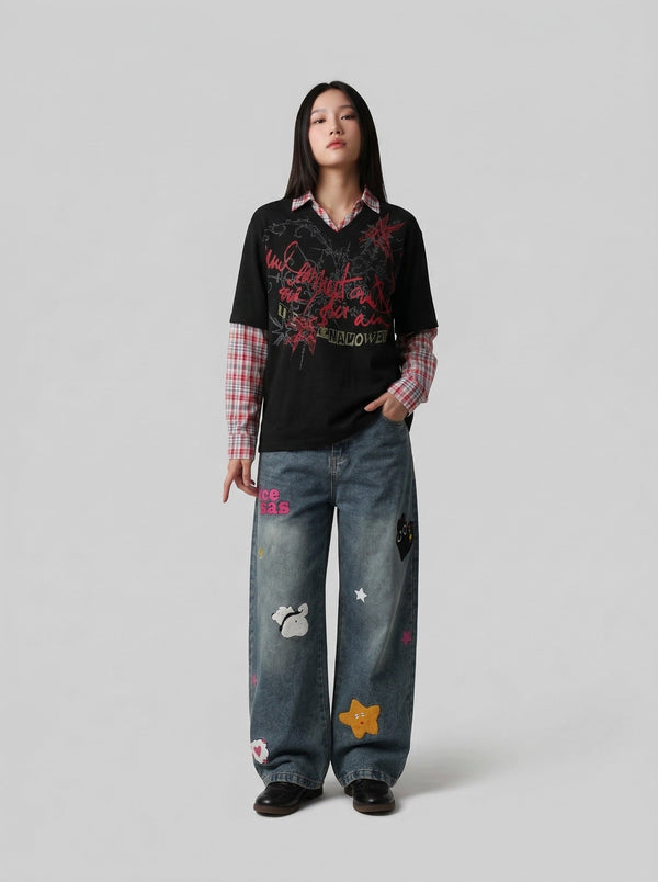 Sleeve Long Plaid Layered Top alternatif görünüm