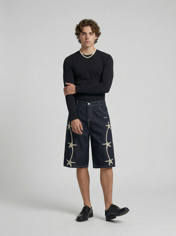Stellar-Stitched Wide Leg Denim Shorts