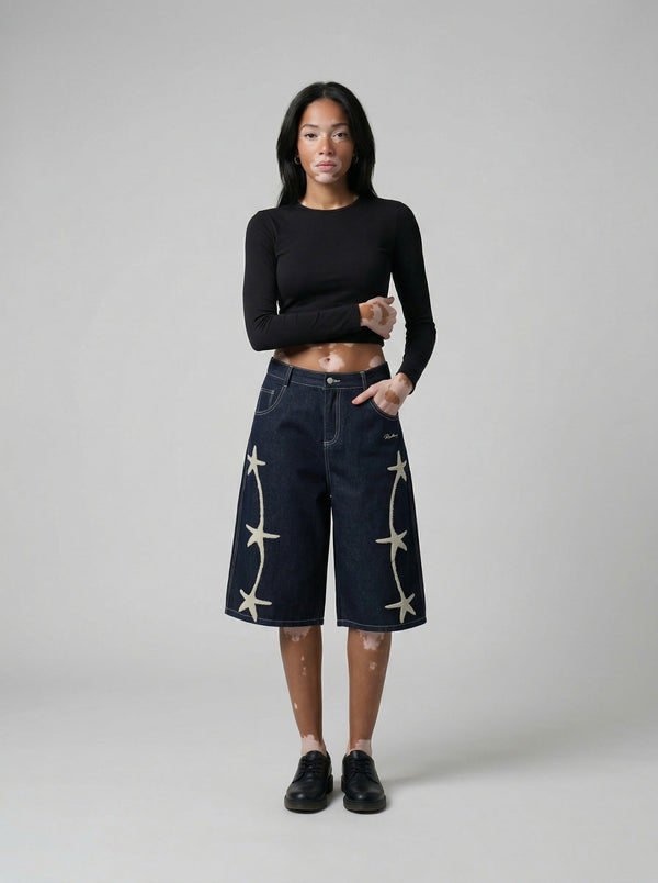 Stellar-Stitched Wide Leg Denim Shorts alternatif görünüm