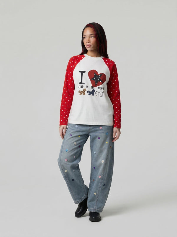 Raglan Heart Starry Long-Sleeve T-Shirt alternatif görünüm