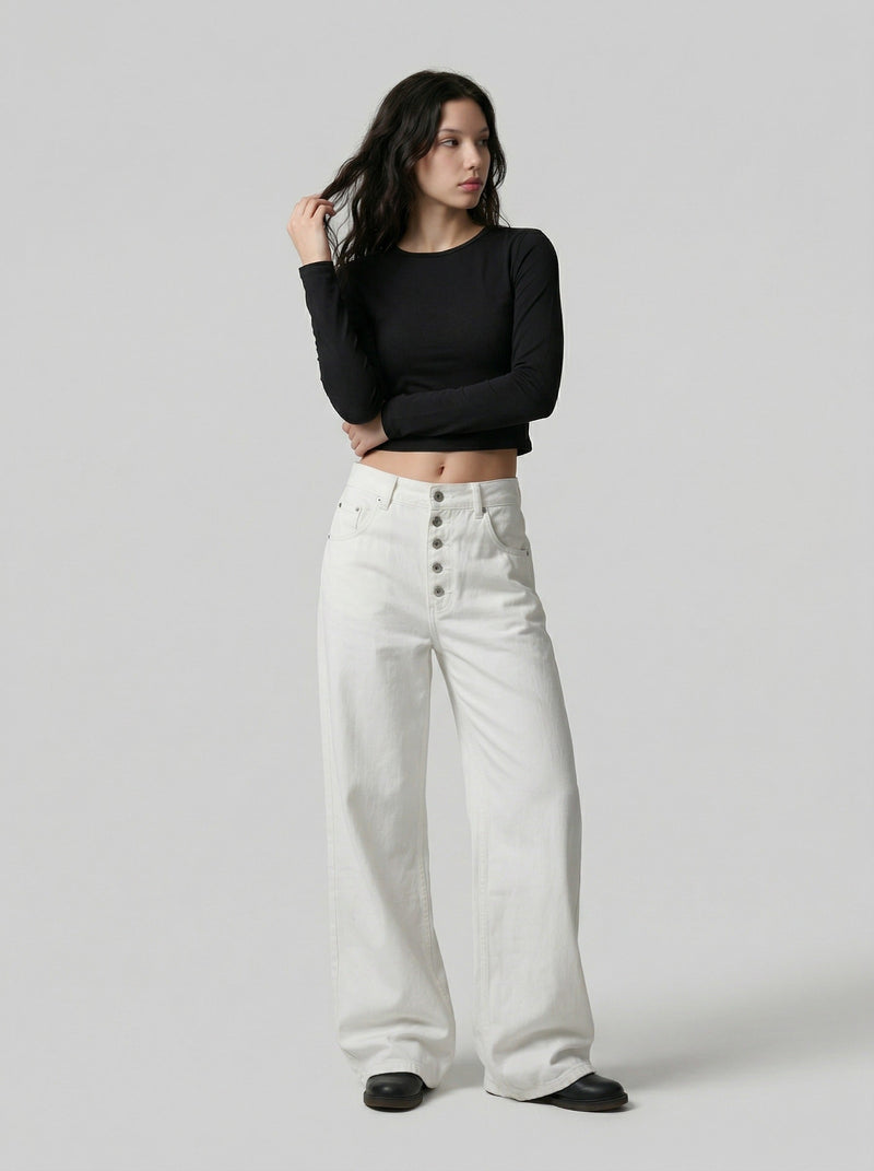 High-Rise Wide-Leg Casual Trousers