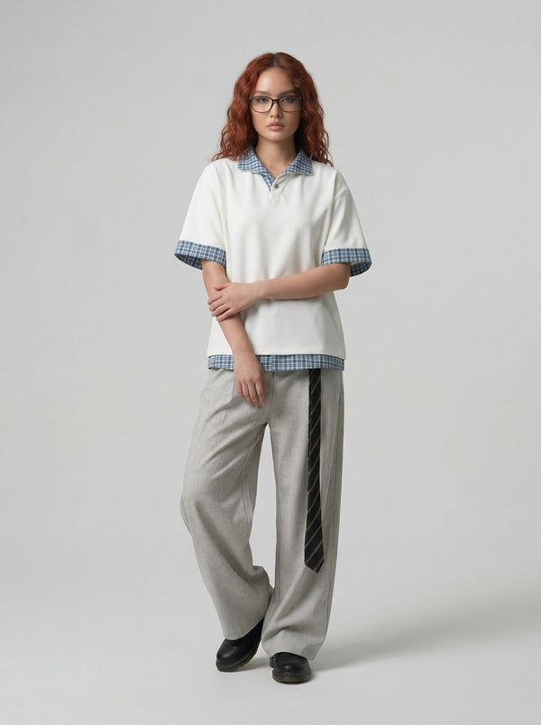 Plaid Layered Short-Sleeve Collar-Knit Shirt