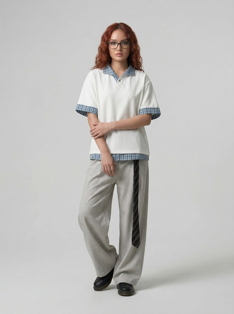 Plaid Layered Short-Sleeve Collar-Knit Shirt