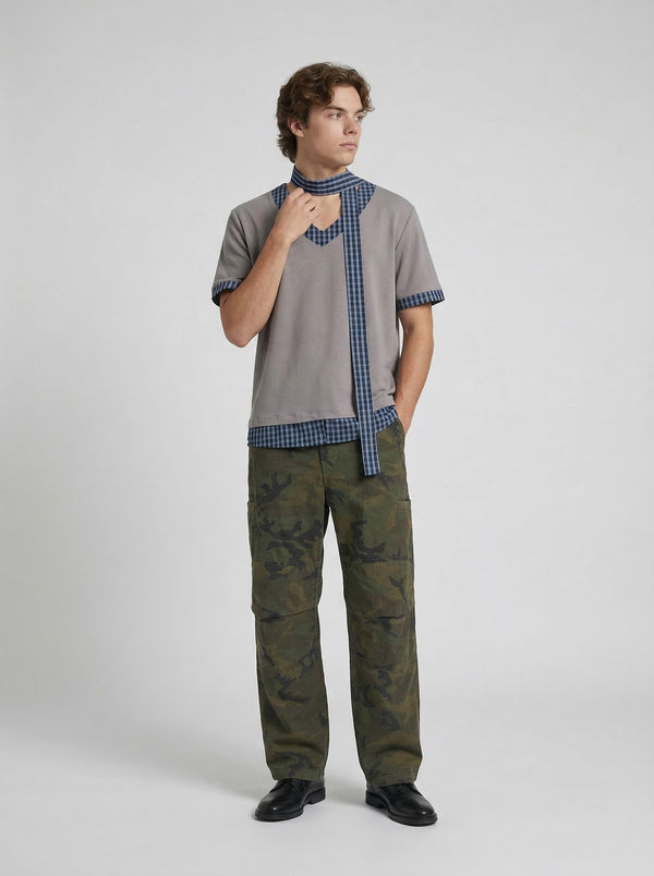 Scarf Mock Checkered T-Shirt alternatif görünüm