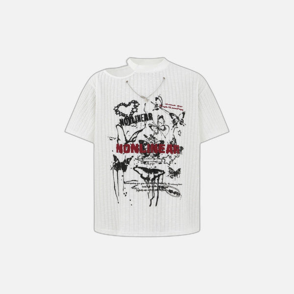 Flutter-Print Print Laid-Back Round Neck T-Shirt alternatif görünüm
