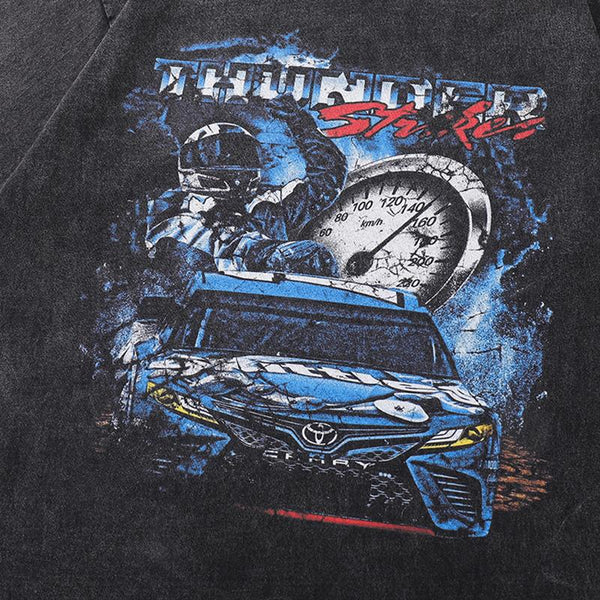 Washed-Out Unstructured Full-Throttle Car Print T-Shirt alternatif görünüm