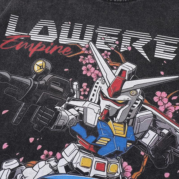 Aged Otaku-Style Robot Imprinted T-Shirt alternatif görünüm