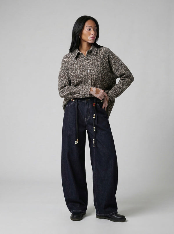 Indigo Beaded Bell-Leg Denim Trousers alternatif görünüm