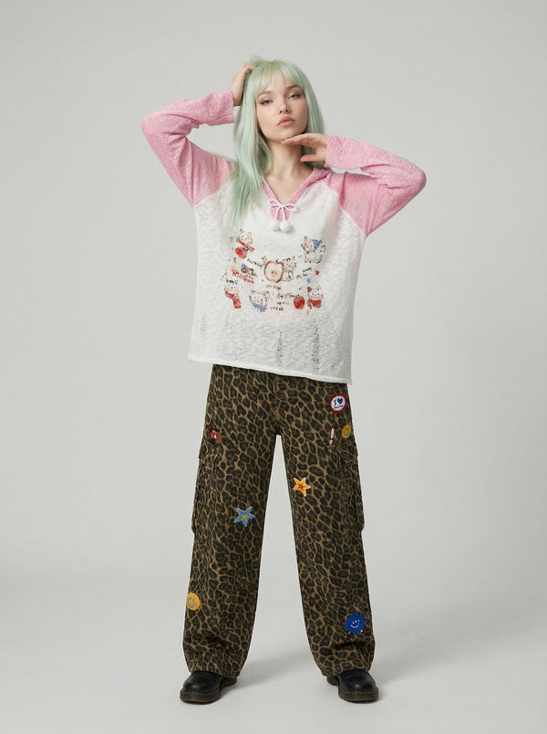 Color-Blocked Whisker Print Hooded Top alternatif görünüm